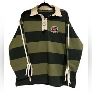 Zara Striped Unisex Rugby Polo Shirt with White Tie Detail on Sleeves- Size M-L